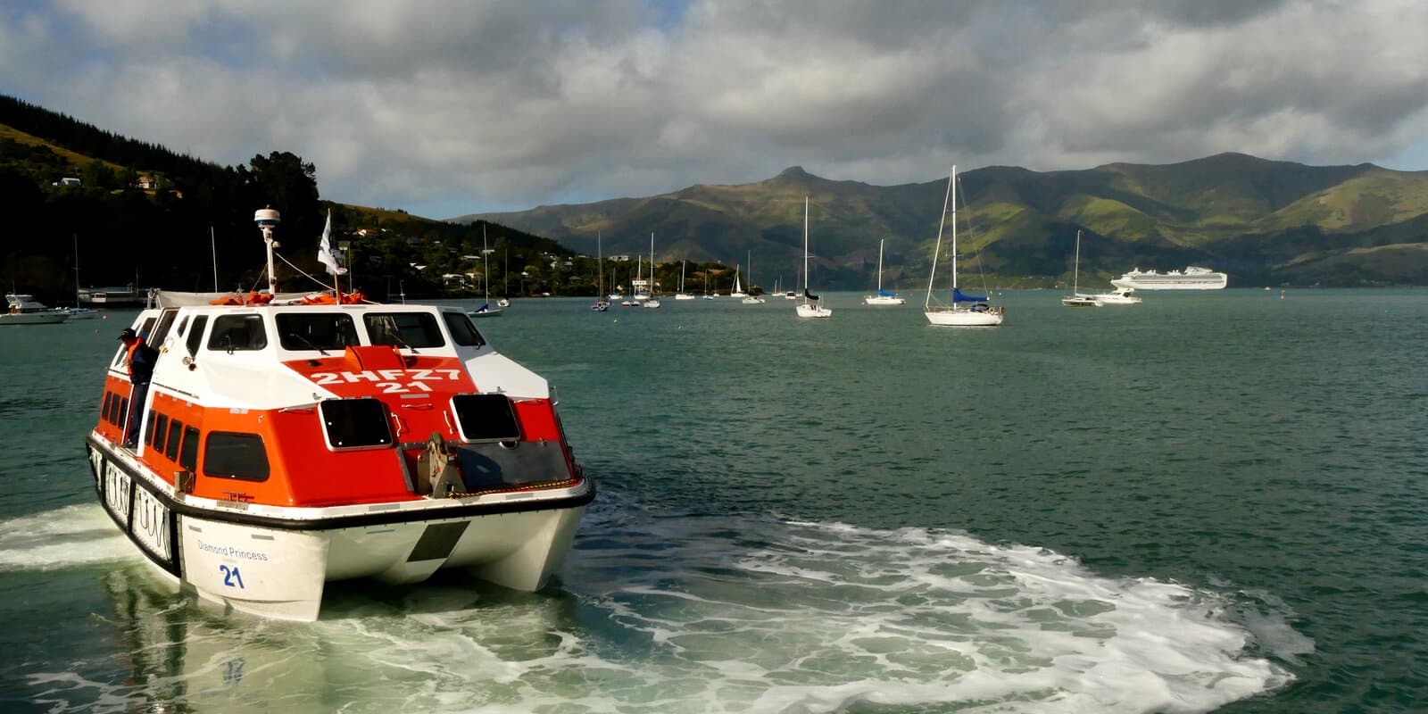 Diamond Princess lifeboat tender under way in Akaroa harbor with the cruise ship at anchor and green hills beyond
