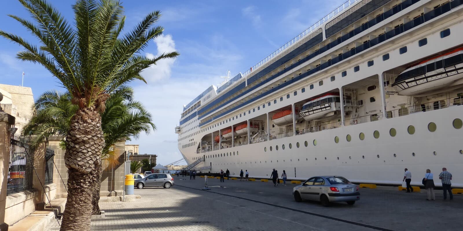 MSC Opera docked at a Valletta harbor pier on a sunny day, with palm trees along the waterfront and the ship name visible on the white hull.