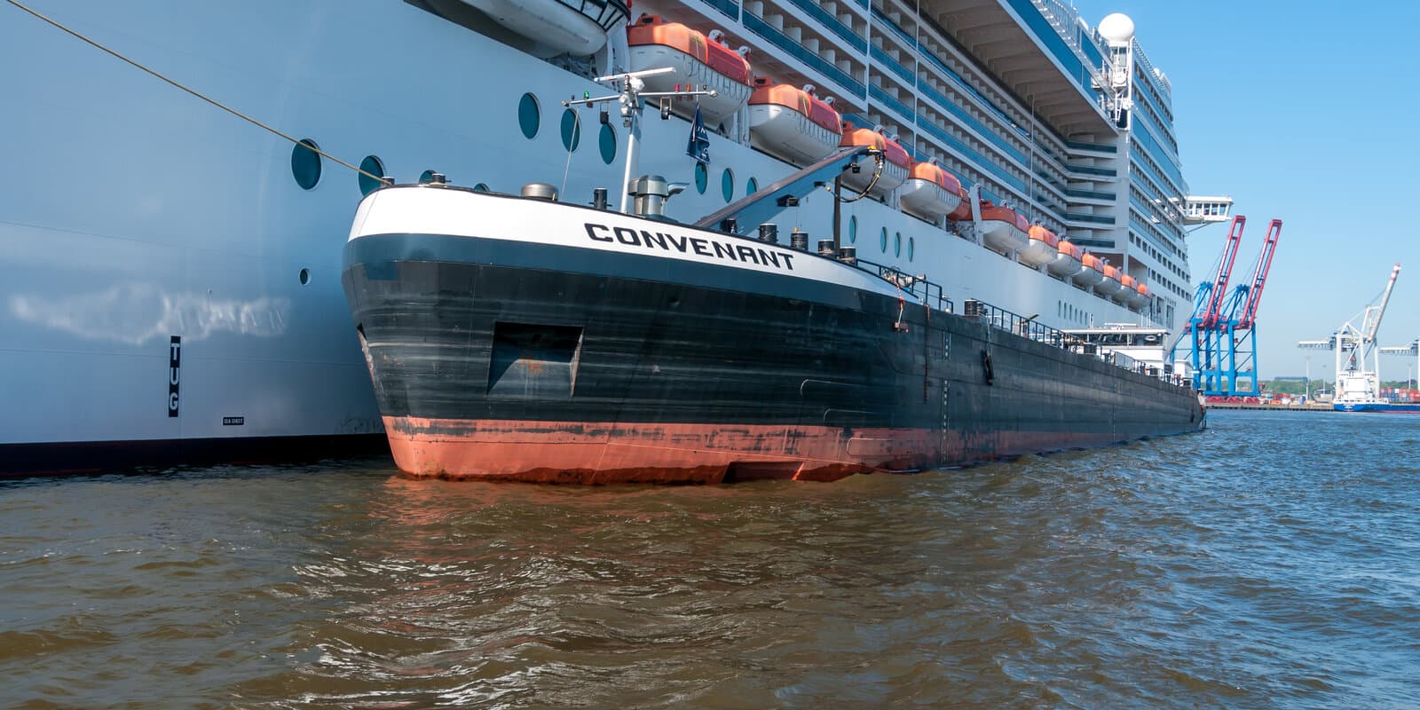 MSC Preziosa at Kaiser-Wilhelm-Hafen in Hamburg with MSC funnel branding and the ship name on the hull, a fuel barge alongside