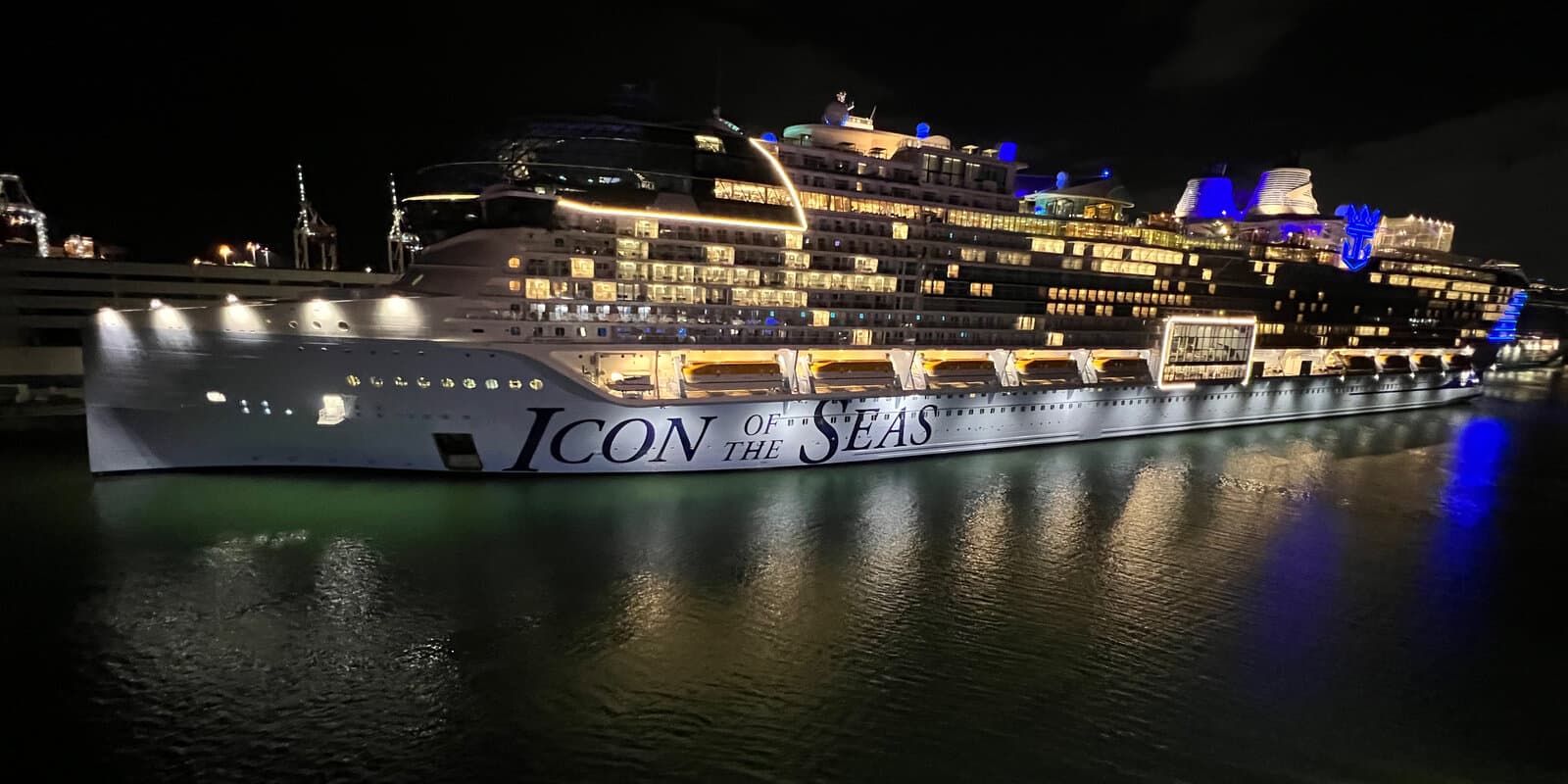Icon of the Seas, a Royal Caribbean cruise ship, docked at port at night