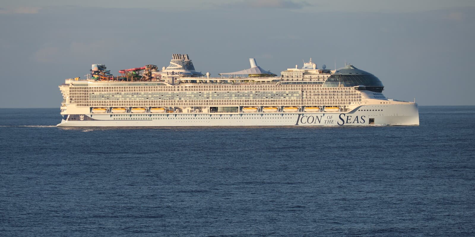 Royal Caribbean's Icon of the Seas cruise ship at sea north of Puerto Rico, viewed from another ship on a calm January afternoon.
